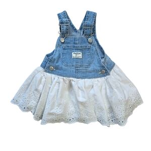 OshKosh‎ B’gosh 2000s Baby Denim Y2K Overall Dress White Eyelet Skirt 12M